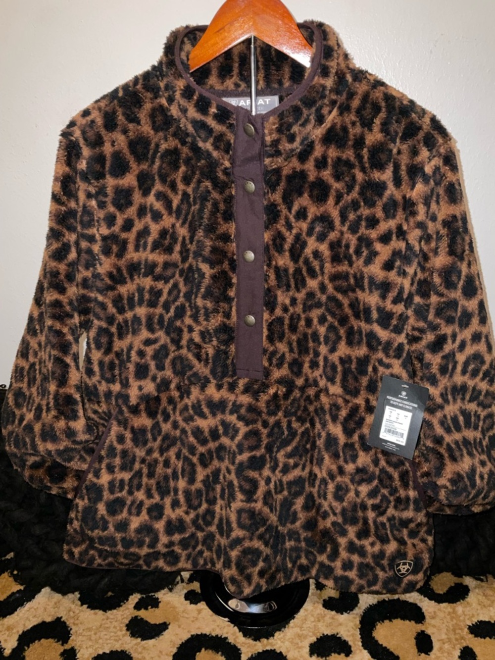 Ariat Womens Brown Leopard Print Fleece Pullover Jacket